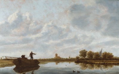 河畔风景中驳船上的男子与远处的教堂（油画） 作者 扬·约瑟夫斯。 van (circle of) Goyen