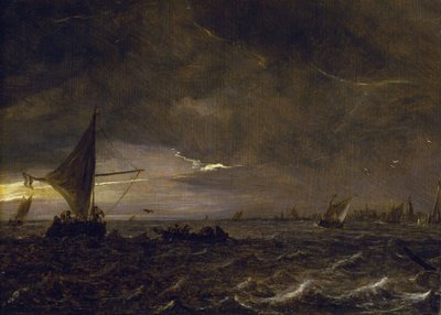 黄昏时分河口的渔船，地平线上是一座城市及其钟楼。Jan van Goyen（1596-1656 年）创作的木板油画。 作者 扬·约瑟夫斯·范·高恩