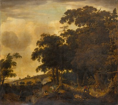 有樵夫的林间风景（油画） 作者 Jan Looten