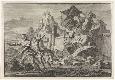 罗马士兵在加马拉（Gamala）城墙上挖空塔楼，导致塔楼倒塌 作者 扬·路肯（Jan Luyken）