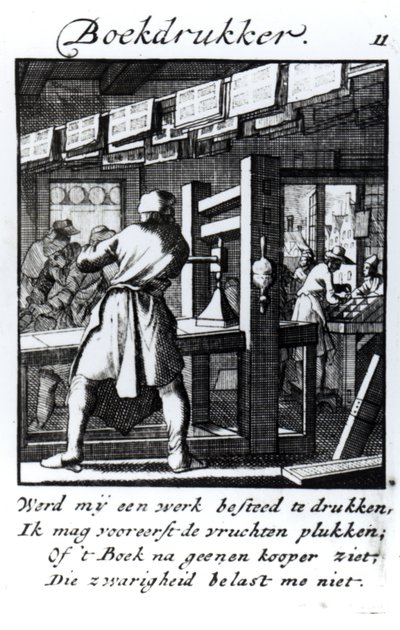 The Book Printer，来自书籍“Something for All”，由Abraham van St. Clara撰写，1736年（版画） 作者 扬·路肯（Jan Luyken）