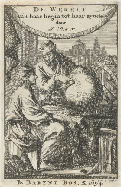 两人研究地球仪
扉页：J. 雷，《世界从开始到结束》，1694 年 作者 卡斯珀·路肯（Caspar Luyken）