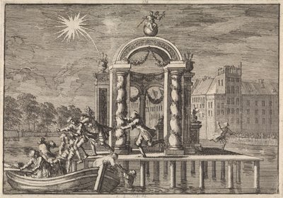 1688 年，在海牙 Vijverberg 为纪念詹姆士二世国王的儿子出生而举行的大型装饰活动中，烟火表演者四处逃窜。 作者 彼得·范德阿 (I)