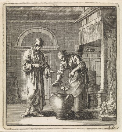 妇女把发光的煤炭放进罩衣里
遮盖物 作者 weduwe Pieter Arentsz 和 Cornelis van der Sys (II)