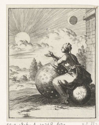 坐在地球仪上的女人和靠在天体仪上看夕阳的女人 作者 扬·路肯（Jan Luyken）
