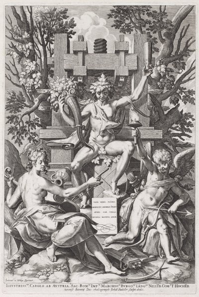 坐在木桶上的巴克斯在爱神和音乐之间。 作者 Jan Sadeler I，在 Joos van Winhe 之后