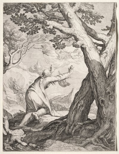 以利沙和以利亚的火战车，1604年。 作者 扬·萨恩雷丹（Jan Saenredam）