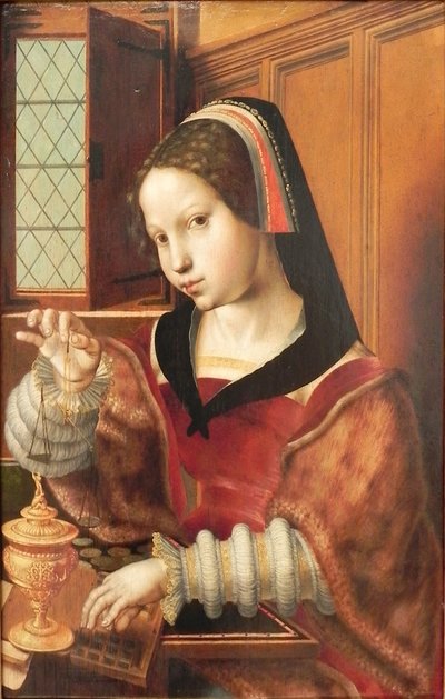 德语：Die Goldwägerin 称黄金的女人
 替代标题：  
拿着天平的女人 作者 扬·桑德斯·范·赫姆森