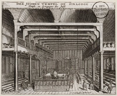 阿姆斯特丹葡萄牙犹太教堂的内部 - Veenhuysen, Jan（活跃于 1656-1685 年） - 铜版画 - 11.2x13.7 - 莱顿大学图书馆 作者 简·维恩森（Jan Veenhuysen）