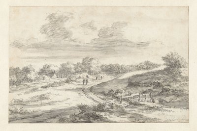 沙丘景观，沿路有人物，远处有小屋 作者 Jan Vermeer van Haarlem (I)（归属于）