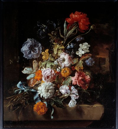 放在石凳上的花束 Jan Weenix (1640-1719) 1694 年作画。 0,74x0,67 m 里昂，Musee des Beaux Arts 作者 Jan Baptist Weenix