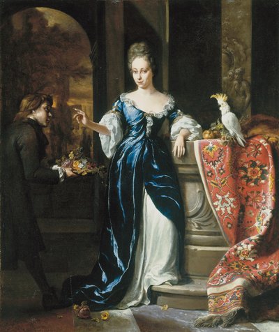 Lodewina Schey的肖像，穿着蓝色的连衣裙，伴随着鲜花 作者 Jan Baptist Weenix