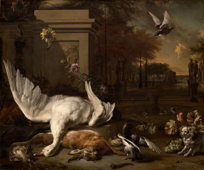 乡村庄园前的天鹅和野味静物画 作者 Jan Baptist Weenix