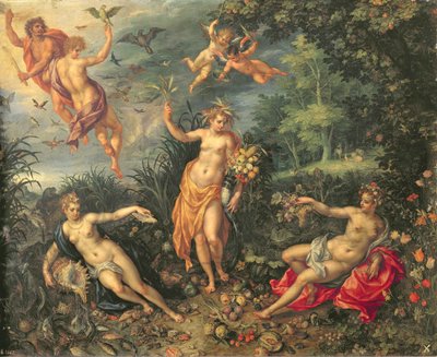 丰富和四要素，c.1606（铜上油） 作者 Jan和Clerk，H。Brueghel