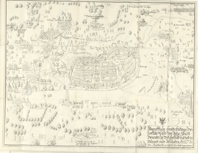 德文特被围困和攻占，1578 年
Waerafftighe afconterfeitinge der loeflike Keyser vrye Anze Stadt Deventer In wat ghestalt dat het is Belgert onde Beschaten Ao. 1578（标题见实物） 作者 扬德朗格 (II)