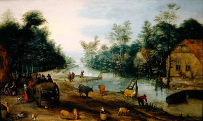 夏天的森林河流景观和到达客栈的旅行者（油画板）。 作者 Jan the Elder（圆圈）Brueghel