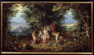四大元素：“大地”寓言。 地球天堂的视图。 Jan Brueghel Le Vieux 的绘画将 Brueghel de Velours（Brueghel 或 Brueghel 作者 简·布鲁格尔·扬