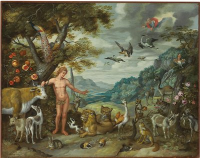 亚当给动物命名，摘自亚当和夏娃的故事 作者 Jan Brueghel the Younger