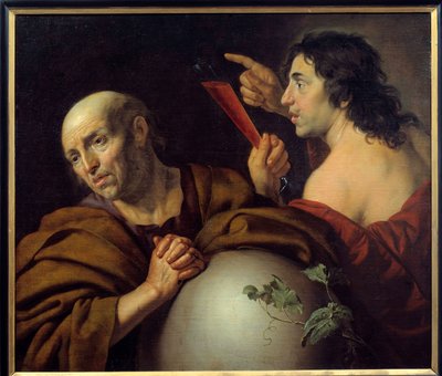 赫拉克利特和德谟克利特 希腊哲学家以弗所的赫拉克利特（Heraclitus）（公元前535-475）和德谟克利特（Democritus）（公元前460-370）。 Jan van Bijlert (1597-1671) 17 世纪乌得勒支的绘画。 中央博物馆 作者 Jan van Bijlert或Bylert