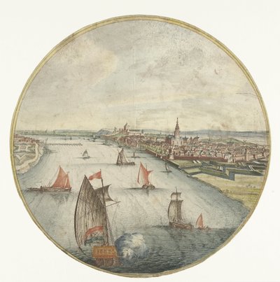 奈梅亨（Nijmegen）与瓦尔河和瓦尔霍夫城堡的景色 作者 Jan van Call (I) (归因于)
