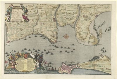 1702 年同盟国在加的斯登陆和远征的地图
奥尔蒙特公爵和斯帕尔少将及男爵于 8 月 26 日至 8 月 28 日在加的斯附近的西班牙与马赛的登陆地图 作者 扬·范·考尔（一）