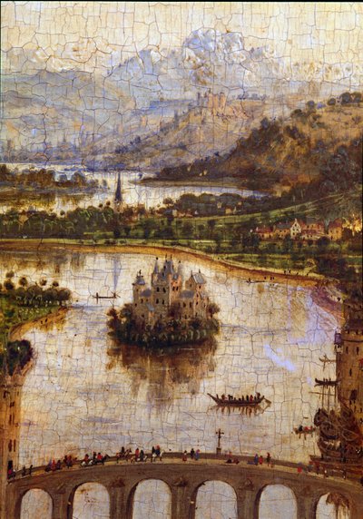 风景”“细节”“总理罗林的圣母””尼古拉斯·罗林（1376-1461）是菲利普·勒庞（Philippe Le Bon）领导下的勃艮第总理，1443 年是博讷临终关怀医院的创始人。扬·范·艾克（Jan van Eyck）（1390-1441）的绘画 作者 扬·范·埃克