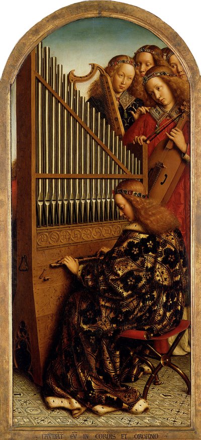 根特祭坛画。神秘羔羊的崇拜：做音乐的天使，1432年。 作者 Jan van Eyck