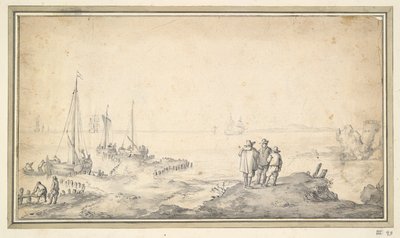 沙丘上俯瞰海湾与船只的三个人物 作者 Jan van Goyen