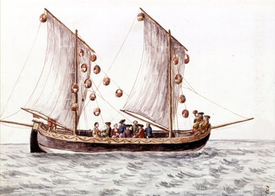 带灯笼的威尼斯人trabac，在亚得里亚海等浅水区使用的渔船，水彩画和墨水来自Jan van Grevenbroeck（或Giovanni Grevembroch（Grevenbroch）（1731-1807）手稿“威尼斯人的习俗”） 作者 扬·范·格雷文布罗克
