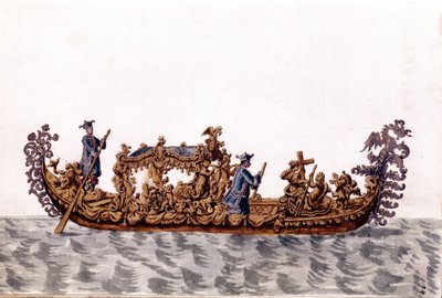 皇家贡多拉。 Jan van Grevenbroek（或 Giovanni Grevenbroich (Grevenbroich)（1731-1807））手稿“威尼斯人的习俗”中的水彩画和墨水 作者 扬·范·格雷文布罗克