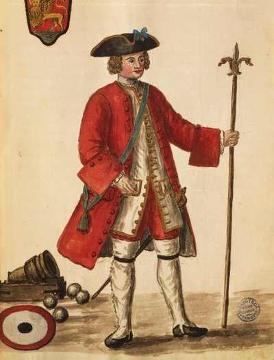 威尼斯船只上的炸弹人，由Jan van Grevenbroeck或Giovanni Grevembroch（1731-1807）创作，Gli Abiti de Veneziani，来自服装图鉴，水彩。 作者 扬·范·格雷文布罗克