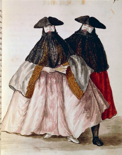 威尼斯的狂欢节人物，《威尼斯服装图鉴》中的插图，由Jan Grevenbroeck（1731-1807）绘制，水彩画，意大利 作者 扬·范·格雷文布罗克