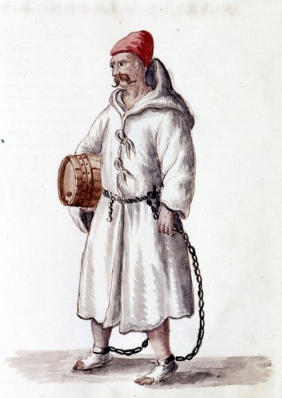Galerian 电缆。 17 - 18 世纪。 来自 Jan van Grevenbroek（或 Giovanni Grevenbroich (Grevenbroich)（1731-1807）的手稿“威尼斯人的习俗”）的水彩画和墨水 作者 扬·范·格雷文布罗克