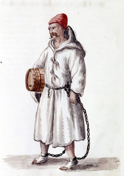 17 世纪至 18 世纪的 Galerian。 Jan van Grevenbroek（或 Giovanni Grevenbroich (Grevenbroich)（1731-1807））手稿“威尼斯人的习俗”中的水彩画和墨水 作者 扬·范·格雷文布罗克