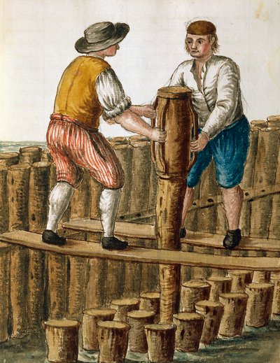 威尼斯泻湖的奠基工作，Jan van Grevenbroeck（1731-1807）的插图，出自意大利《威尼斯人的服饰》手稿。 作者 扬·范·格雷文布罗克
