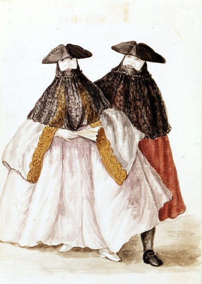 威尼斯狂欢节面具。 来自 Jan van Grevenbroek（或 Giovanni Grevenbroich (Grevenbroich)（1731-1807）的手稿“威尼斯人的习俗”）的水彩画和墨水 作者 扬·范·格雷文布罗克