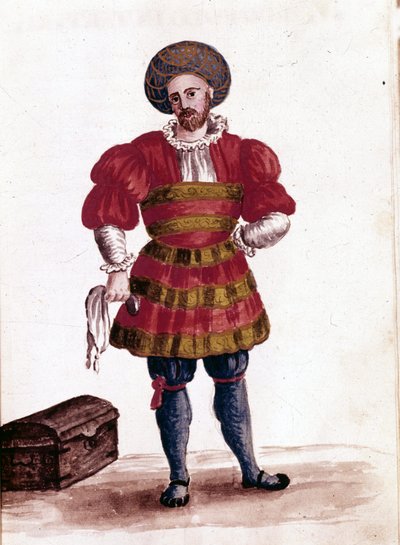15世纪威尼斯商人。 Jan van Grevenbroeck（或 Giovanni Grevembroch (Grevenbroch)（1731-1807））手稿“威尼斯人的习俗”中的水彩画和墨水 作者 扬·范·格雷文布罗克