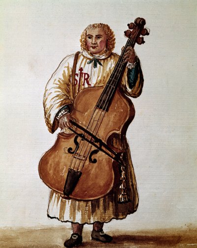 街头音乐家（流浪音乐家）来自 Jan van Grevenbroek（或 Giovanni Grevenbroich（Grevenbroich）（1731-1807）手稿“威尼斯人的习俗”）的水彩画和水墨 作者 扬·范·格雷文布罗克