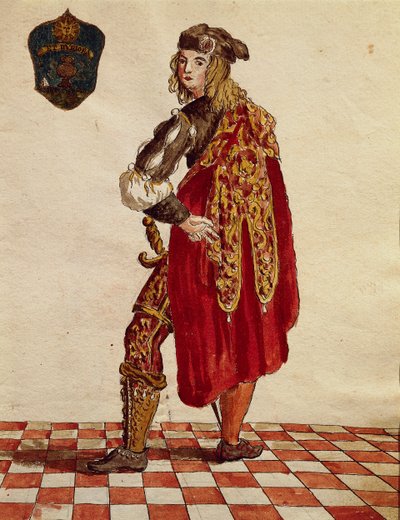 1564年卡尔扎兄弟会（Stocking）骑士的套装，由Jan van Grevenbroeck或Giovanni Grevembroch（1731-1807）创作，Gli Abiti de Veneziani，来自服装图鉴，水彩。 作者 扬·范·格雷文布罗克