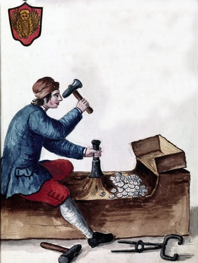 威尼斯共和国硬币的制造：铸造阶段。 Jan van Grevenbroeck（或 Giovanni Grevembroch (Grevenbroch)（1731-1807））手稿“威尼斯人的习俗”中的水彩画和墨水 作者 扬·范·格雷文布罗克