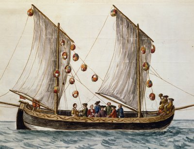威尼斯船为救世主的盛宴而装扮，由Jan Grevenbroeck（1731-1807）创作，水彩画，意大利 作者 扬·范·格雷文布罗克