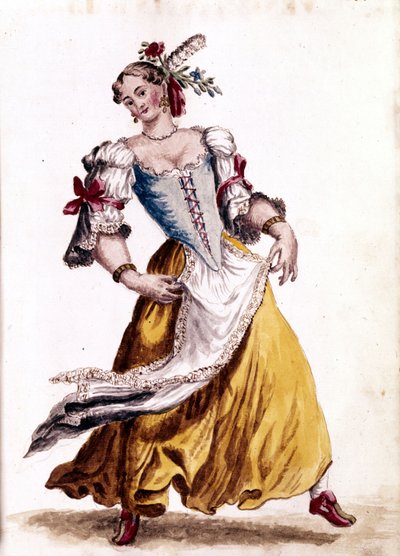威尼斯舞蹈。 Jan van Grevenbroek（或 Giovanni Grevenbroich (Grevenbroich)（1731-1807））手稿“威尼斯人的习俗”中的水彩画和墨水 作者 扬·范·格雷文布罗克