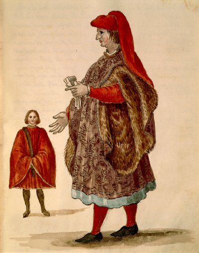 威尼斯参议员穿着 "Dogalina"，宽袖的正式长袍，由Jan van Grevenbroeck或Giovanni Grevembroch（1731-1807）创作，Gli Abiti de Veneziani，来自服装图鉴，水彩。 作者 扬·范·格雷文布罗克