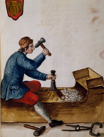 工人在造币厂，插图来自《威尼斯服装图鉴》，作者Jan Grevenbroeck（1731-1807），水彩画，意大利 作者 扬·范·格雷文布罗克