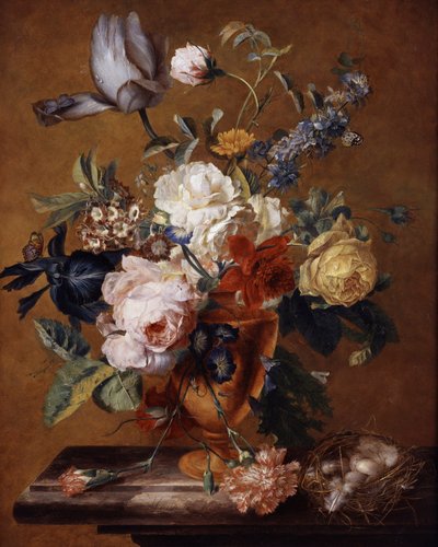 花瓶中的花朵Jan van Huysum（1682-1749 年）的画作，私人收藏。 作者 扬·范·休森（Jan van Huysum）