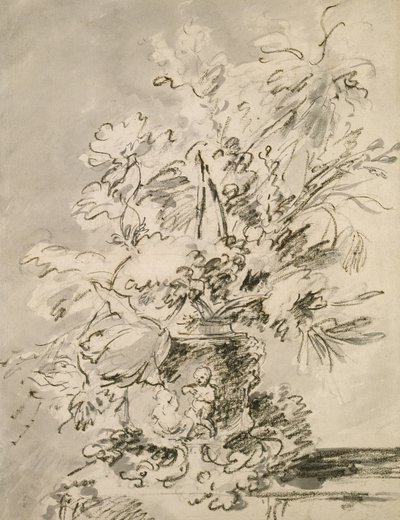 在缸中的花（木炭和印度墨水在纸上） 作者 扬·范·休森（Jan van Huysum）