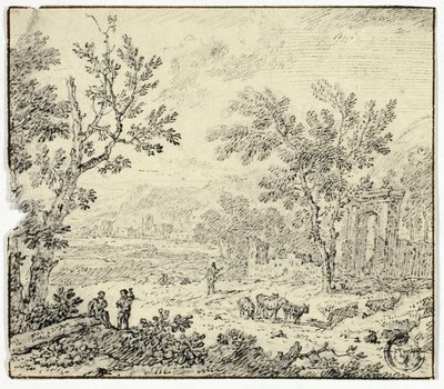 有山羊、牧羊人和遗址的景观 作者 扬·范·休森（Jan van Huysum）