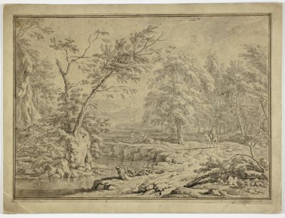 河边的牧羊人与马背上的男子的风景画 作者 扬·范·休森（Jan van Huysum）