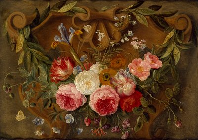装饰性静物构图与花环，17世纪中期 作者 扬·范·凯塞尔（Jan van Kessel）