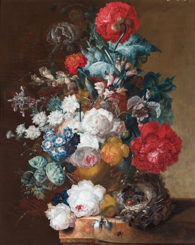 花卉静物，包括罂粟花、紫荆花和带着雏鸟的鸟巢 作者 扬·范·奥斯